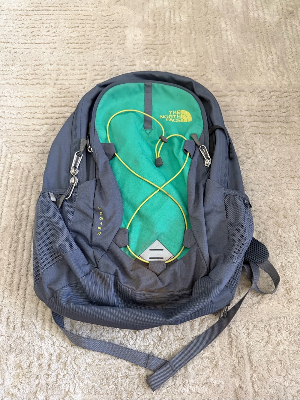 The North Face Jester Gray Green Backpack Yellow Bungee Hiking School Bag